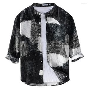 Heren casual shirts zomer Chinese stijl kraagloos linnen 3/4 mouw shirt voor losse oversized jas ademend