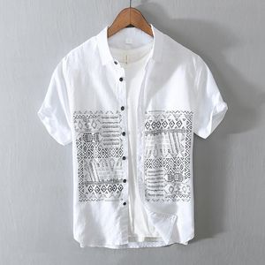 Chemises décontractées pour hommes été Style chinois coton et lin chemise hommes à manches courtes blanc imprimé pour rétro respirant vêtements pour hommes hauts