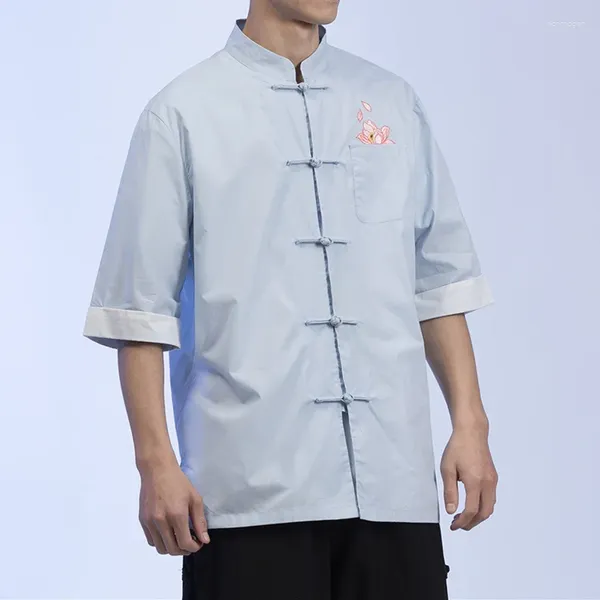Chemises décontractées pour hommes Summer Style chinois mince Lotus broderie chemise ethnique rétro col montant à manches courtes haut hommes vêtements plus taille manteau