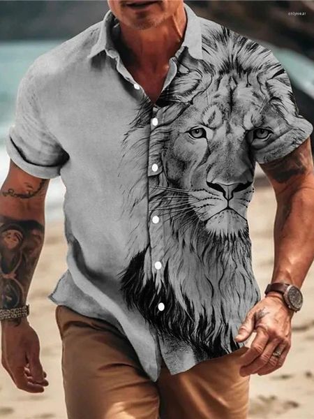 Camisas casuales para hombres de verano estilo clásico de lion león hawaian macho social social retro fit camiseta blusa floral muesca 3d estampado suelto