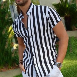 Chemises décontractées pour hommes Vêtements d'été Vêtements d'été à manches courtes Col montant Noir et blanc Rayé Hommes Chemise Tops