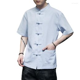 Chemises décontractées pour hommes été coton et lin chemise rayée 2023 Style chinois grands chantiers vêtements à manches courtes