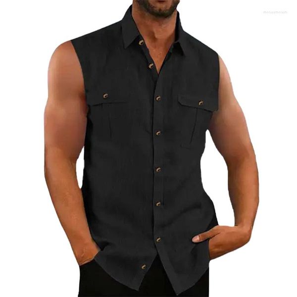 Camisas informales para hombre, blusas sin mangas de lino y algodón de verano para hombre, ropa Formal de playa con cuello vuelto liso para hombre