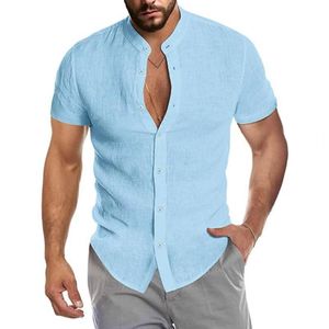 Chemises décontractées pour hommes été coton lin hommes mince col en v à manches longues ample respirant t-shirt couleur unie vêtements de rue Blouse hauts