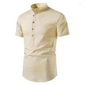 Camisas casuales para hombres Camisa de lino de algodón de verano Hombres Blusa de manga corta para hombre Collar de soporte Transpirable Top Sólido Blanco Ropa 2024