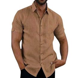 Chemises décontractées pour hommes Shirts en lin en coton d'été pour hommes chemises à manches courtes décontractées Blans Solid Ten-Down Collons formels de plage CHIRTS MAL MELL2404