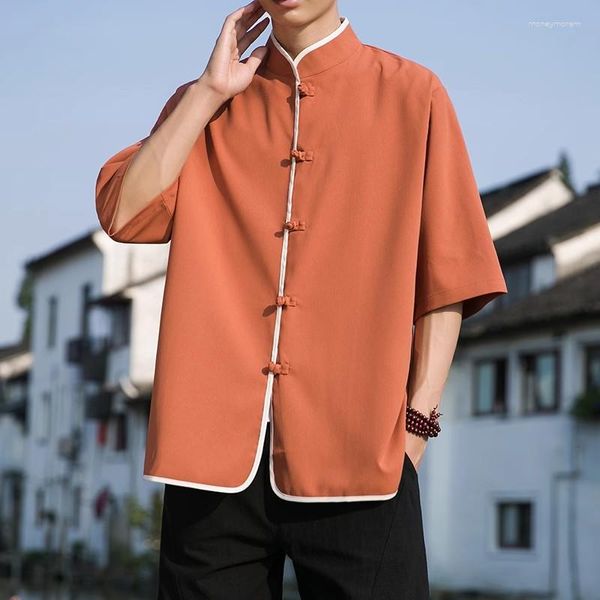 Chemises décontractées pour hommes Été Coton Lin Chemise à manches courtes Hanfu Tops amples 2023 Style rétro Tang T-shirt 5XL Kimono