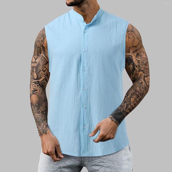 Camisas informales para hombre, camisa de algodón de verano, sin mangas, con cuello levantado, botón de Color sólido para hombre, ropa de calle, Camisas, Blusas, Tops