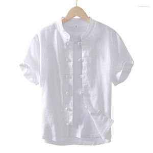 Chemises décontractées pour hommes été marque de mode Chinoiserie Tang Style chemise en lin pur à manches courtes bouton de disque haut Vintage