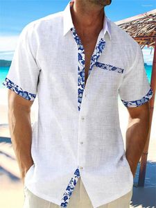 Chemises décontractées pour hommes mode d'été chemise en lin hawaïen pour hommes 2023 dentelle imprimé poche de plage à manches courtes grande taille veste 5 couleurs