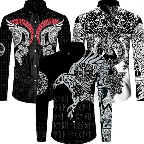 Chemises décontractées pour hommes Mode d'été Viking Tattoo Tops Hommes Chemise Odin Eagle 3D Imprimé Nouveauté Harajuku Streetwear Bouton Blou309O