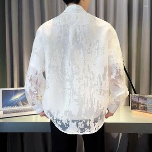 Casual shirts voor heren Summer Fashion White Mesh Shirt Men Transparant Drukken losse lange mouwen Tops Streetwear Rapel Party Clubwear