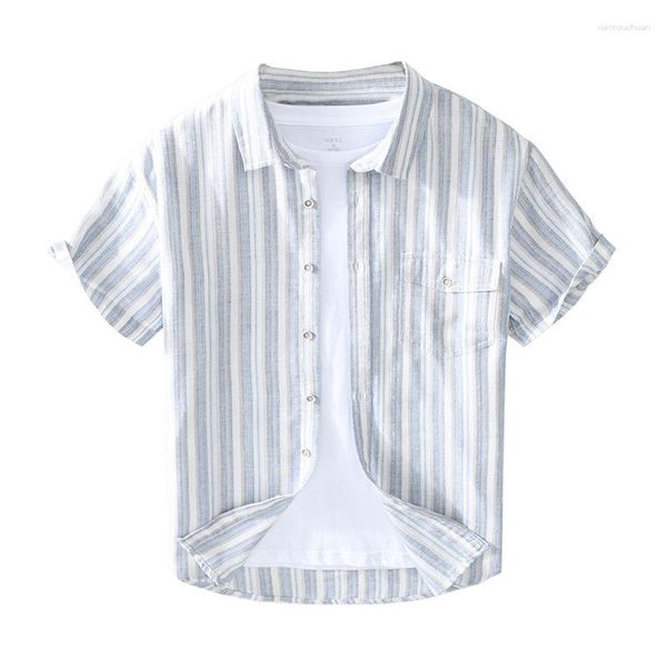 Camisas informales para hombre, camisa de manga corta a rayas de lino y algodón teñida con hilo fresco de verano para jóvenes, cuello cuadrado japonés, ajuste holgado