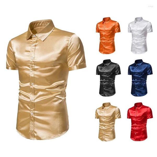 Chemises décontractées pour hommes Summer Gold Soie Satin Tuxedo Chemise Hommes Manches courtes Coupe régulière Mens Dance Party Prom Mariage Mâle