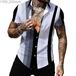 Casual shirts voor heren zomer haian shirt 3d geprint gestreepte sexy heren kleding heren Mens Voice rapel camisa modieus strand korte mouwen shirt yq240422