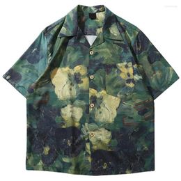 Camisas informales para hombre, estilo hawaiano de verano, holgadas con flores, camisa de gran tamaño Y2K Hip Hop, blusa Harajuku con botones, Tops de flores de manga corta