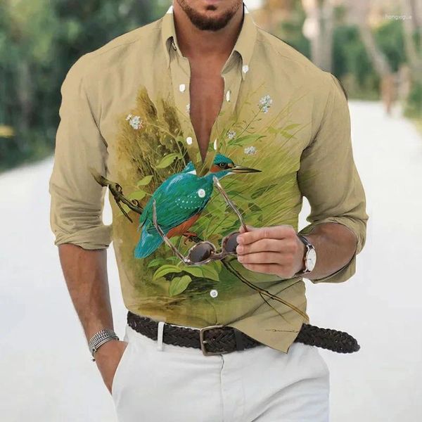 Chemises décontractées pour hommes Summer Hawaiian Bird Flower Shirt pour hommes 3D imprimé à manches longues Animal Beach Vacances T-shirt de grande taille 6XL