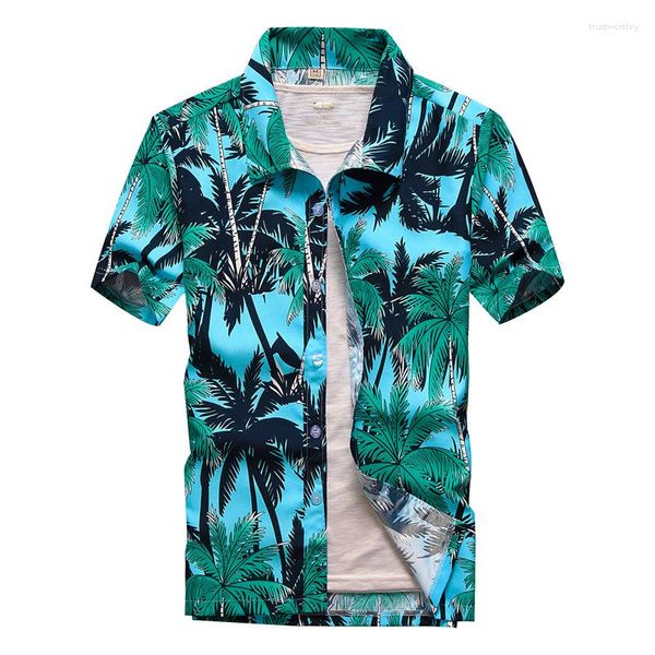 Camisas casuales para hombres Verano Hawaiano Coco Transpirable Camisa floral Estampado de manga corta Botón Abajo Vacaciones 3XL 4XL 5XL Venta