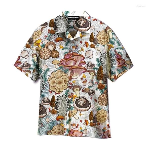Chemises décontractées pour hommes Summer Hawaiian Shirt Ablème à manches courtes Modèles de champignons colorés 3D Button imprimé Tops Tops Vêtements