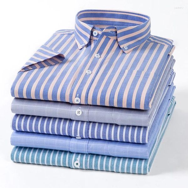 Chemises décontractées pour hommes Summer Haute Qualité Hommes Coton Robe à manches courtes pour homme Slim Social Business Blouse Stripe Oxford Shirt