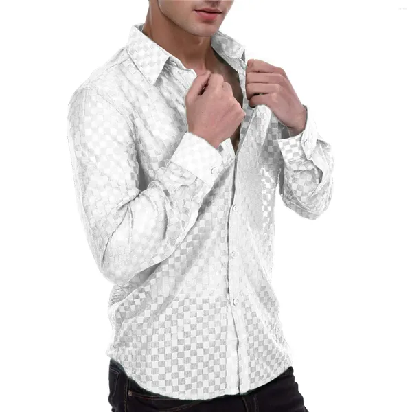 Camisas casuales para hombres Verano Jacquard Seda para hombre Solapa de manga larga Boda Camisa de negocios Cowboy Dancing Performance Top 2024 Blusa