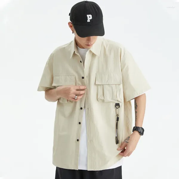 Camisas casuales para hombres Summer Cargo de manga corta vintage japonesa para hombres 2023 Moda de bolsillo múltiple blusas lisas con cintas de hebilla