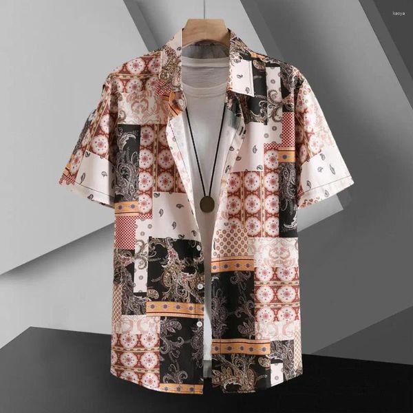 Camisas casuales para hombres Camisa suelta de verano Impresión de anacardo digital colorida con tecnología de secado rápido Tela transpirable para vacaciones