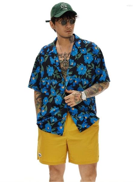 Camisas informales de verano para hombre, cuello vuelto de algodón, media manga, azul, Retro, estampado Floral, transpirable, estilo playero, abrigos de moda