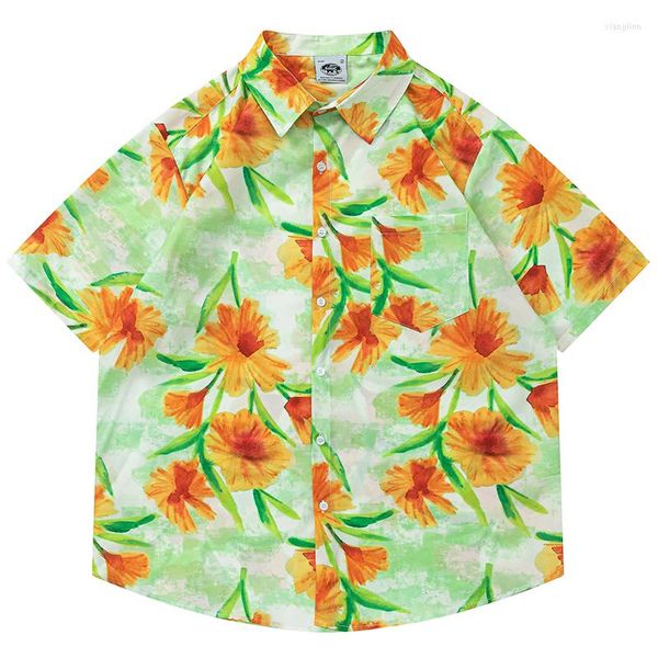 Chemises décontractées pour hommes Summer Men Bouton Hawaiian Shirt Hip Hop Flower Graphic Pleach Blouse Blouse Streetwear Haruku Fashion Aloha