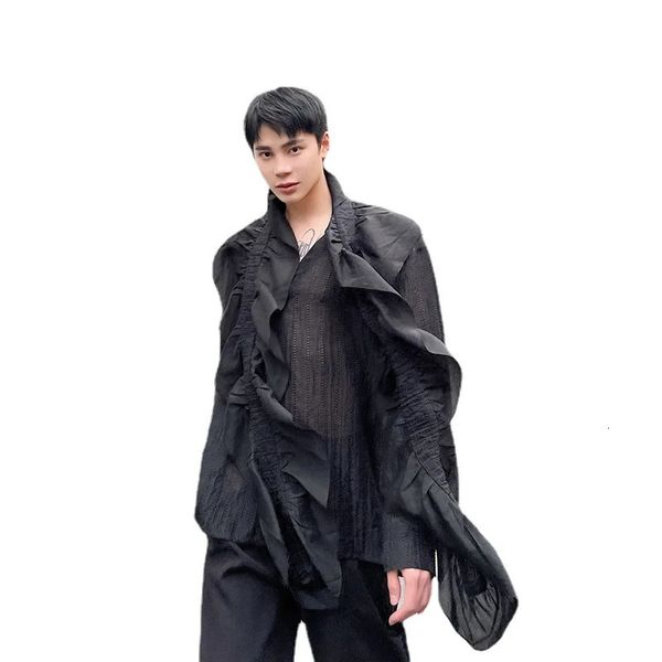 Chemises décontractées pour hommes Hommes d'été Écharpe détachable Col en V Voir à travers Lâche Casual Robe de soirée à manches longues Chemises Blouses Japon Harajuku Vêtements de scène 231129