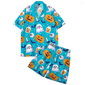 Chemises décontractées pour hommes Hommes d'été Mode Halloween Bleu Imprimé Col rabattu Chemise boutonnée Cardigan à manches courtes Streetwear