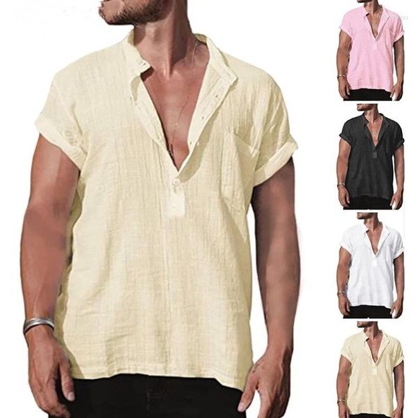 Chemises décontractées pour hommes Hommes d'été Chemise sociale formelle à manches courtes Blouses en lin de coton Homme Normal Blanc Lâche T Tops Vêtements