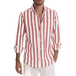 Casual shirts voor heren zomer mannen linnen shirt met lange mouwen streep print flodderige down-collar knop shirts tops mannelijke kleding 230322