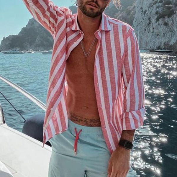 Camisas informales de verano para hombre, camisa de poliéster de manga larga con estampado de rayas, Tops holgados con botones y cuello de plumón, ropa para hombre, ropa de otoño