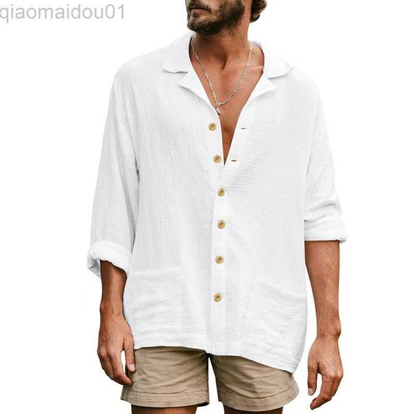 Camisas casuales de los hombres Camisa de manga larga de lino de los hombres de verano Delgado Sólido Turn-down Ropa fresca Suelta Vestido de calle de la moda coreana hawaiana Nuevo Hombre Stirt L230721