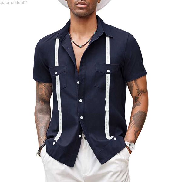 Camisas casuales para hombres Camisa de cuello de campamento cubano tradicional de verano para hombres Camisa de playa de estilo caribeño mexicano de manga corta Estampado a rayas con tops de bolsillo L230721