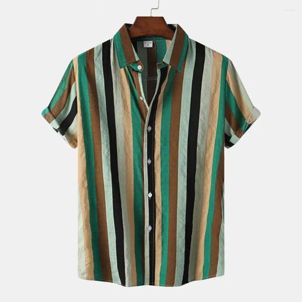 Chemises décontractées pour hommes Summer Hommes Chemise Hawaii Stripes Lâche Manches courtes Boutons Coton Beach Blouse Camisas Para Hombre Ropa