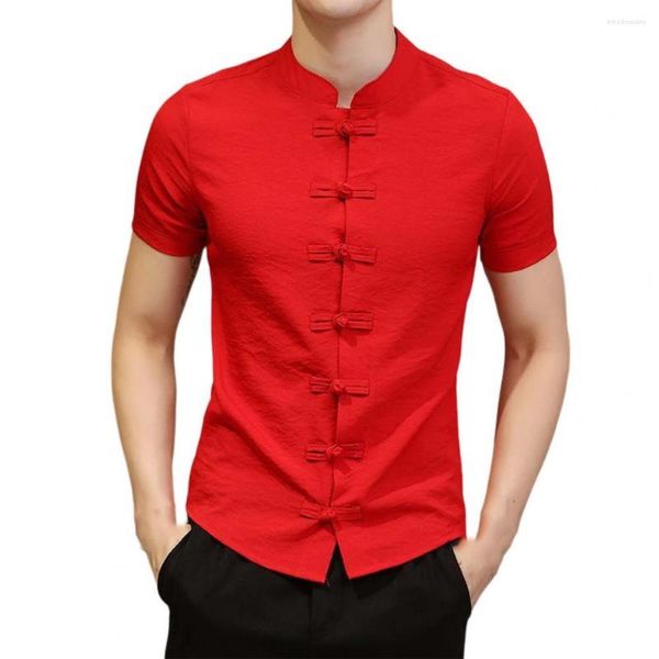 Homme Chemises Décontractées Eté Hommes Chemise Col Montant Manches Courtes Slim Fit Noeud Boutons Vêtements Traditionnels Chinois Style Vintage Pour