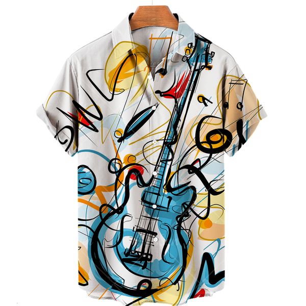 Chemises décontractées pour hommes Chemises d'été pour hommes Chemises hawaïennes pour hommes Vêtements Mode Musique Guitare Imprimé Tops Tee Casual Blouses surdimensionnées Beach Camisa 230329