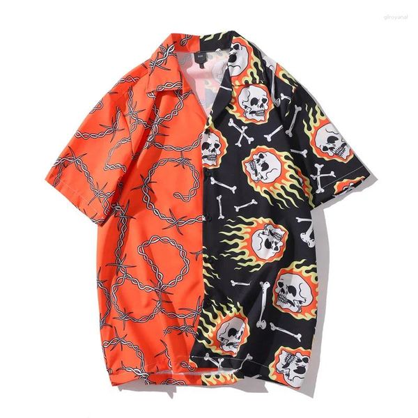 Camisas casuales para hombres Hombres de verano Camisa de impresión de manga corta Naranja Negro Patchwork Vintage Hawaiian Mens Beach Hombre Tops de gran tamaño