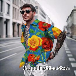 Herren Freizeithemden Sommer Männer Vintage Hemd Mode Hawaiian Urlaub 3D Retro Rosen Gedruckt Tops T-Shirts Kurzarm Freizeitkleidung