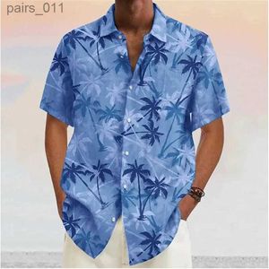 Chemises décontractées pour hommes Mentiers d'été Hawaiian Shirt Blue Coconut Tree à manches courtes T-shirt décontracté revers imprimé Men de mode Fashion Bouton Blouse Blouse Clouse 240402