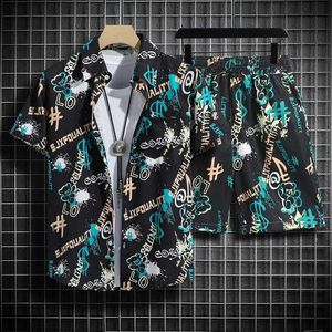 Casual shirts voor heren zomerheren Hawaiiaans strand set korte mouwen bloemen shirt + ijs zijden shorts pak 240416