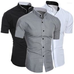 Casual shirts voor heren zomerheren staan ​​kraag solide kleur korte mouw shirt modejurk voor mannen zakelijk blouse tee