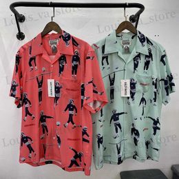 Chemises décontractées pour hommes Summer New Wacko Maria Beach Shirt for Men Hip Hop Rose Red Portrait Full Imprime