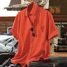 Chemises décontractées pour hommes été Orange chemise hommes coton lin printemps à manches courtes mince Simple solide Blouse ample beau t-shirt