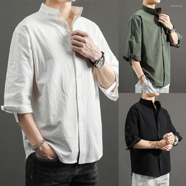 Camisas informales para hombre, camisa transpirable de algodón y poliéster de verano, camiseta holgada con cuello levantado y siete botones de negocios de manga corta