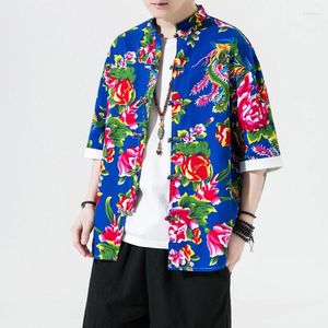 Chemises décontractées pour hommes Impression d'été lâche Top traditionnel de style chinois traditionnel Vintage mi-manche en lin madarin collier kungfu