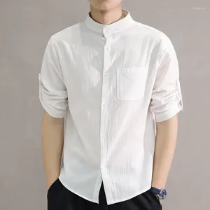 Chemises décontractées pour hommes Été Rétro Col montant Coton Lin Boutonné Chemise Simple Demi-manche Noir Blanc Tops Lâche Camisas de Hombre
