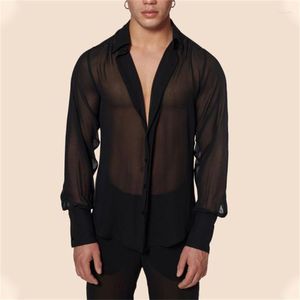 Chemises décontractées pour hommes Summer See-through Mesh Sexy Col V Manches longues pour hommes Respirant Night Club Stage Costume Gothic Street Blouse